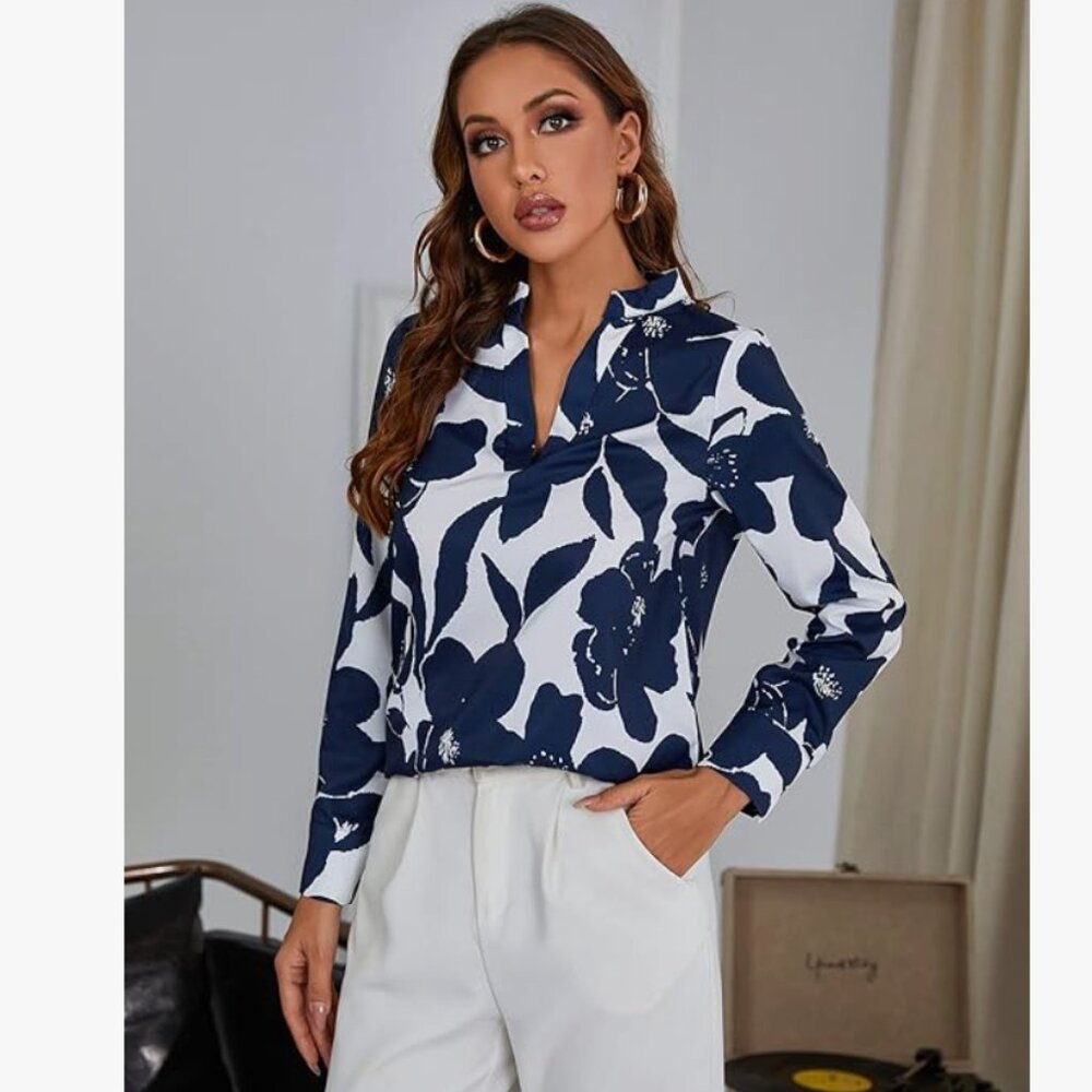 Laqeyko Women Spring Fashion Tops Work Casual Office Long Sleeve - Blue Floral S